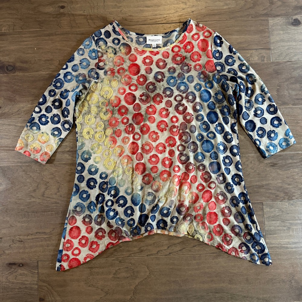 Potpourri Womens XL Tunic Top Burnout Velvet Abstract Circle Sharkbite Hem Multi